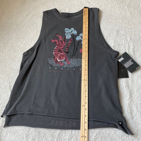 Hurley Tiger Tree Tank Top‎ Women M Gray Biker Cottagecore Raw Hem Beach NWT - Picture 6 of 9